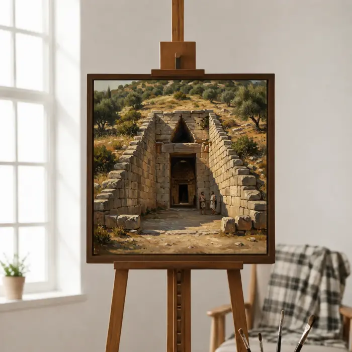書斎の壁に掛けられたミケーネのトロス墳墓の絵画（額装）