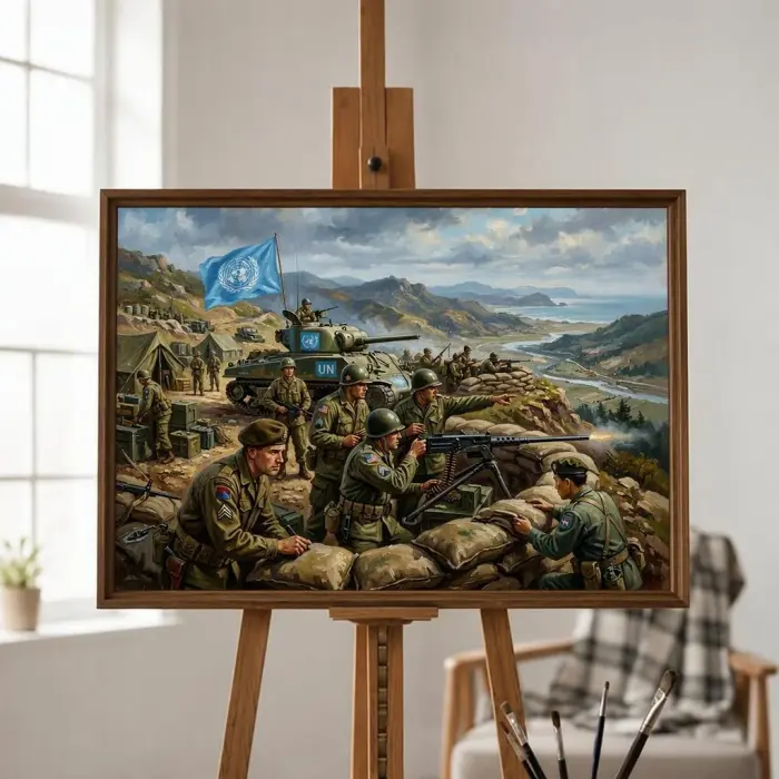 거실 벽에 걸린 부산 교두보 유엔군 그림 프레임