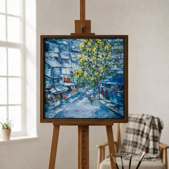 金色の花の木が描かれた青いサイゴンの通りを描いた絵が額装され、壁に掛けられている