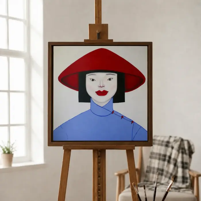빨간 모자를 쓴 베트남 여성의 초상화를 액자에 넣어 벽에 걸었습니다