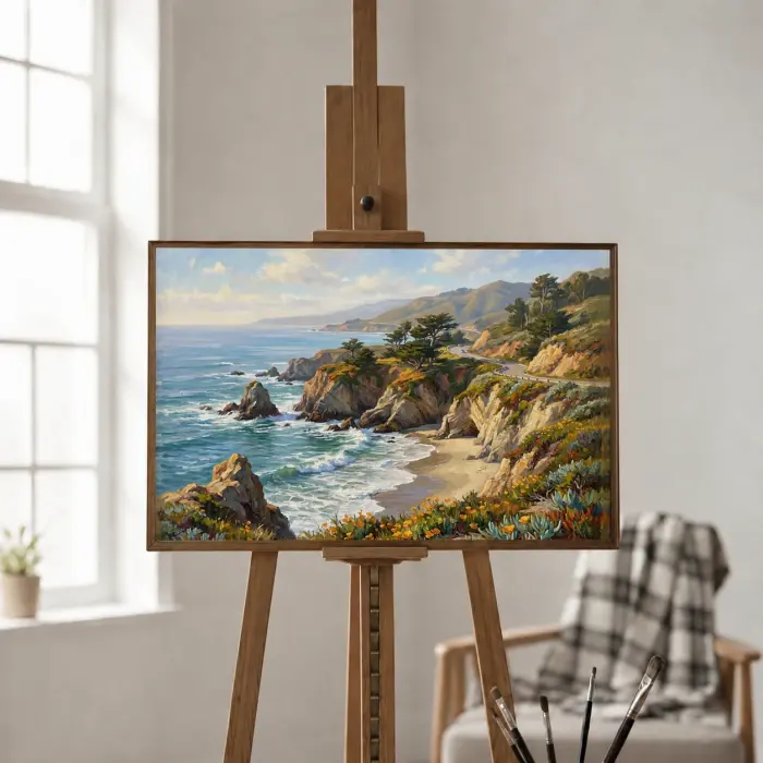 カリフォルニア海岸線の油絵が壁に掛かっている様子