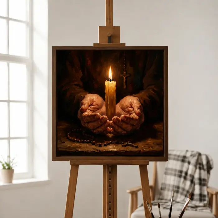 벽에 걸린 촛불을 든 손 기도 그림 (액자 포함)