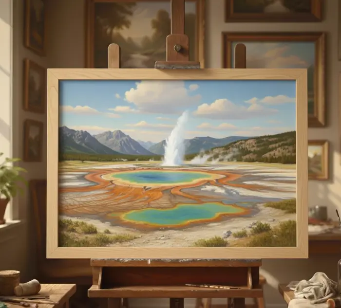 Framed oil painting of a colorful geyser and hot spring hanging on a wall