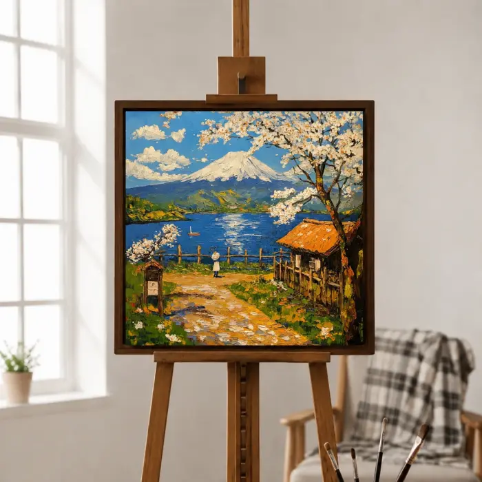 식당에 걸린 생생한 고갱 스타일의 후지산 액자 그림