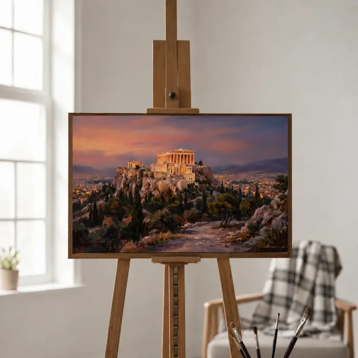 壁に掛けられた夕暮れのアクロポリスの絵画（額装）