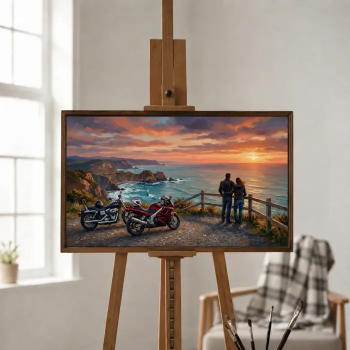 壁に掛けられた断崖の夕日に2台のオートバイが駐めた額装絵画