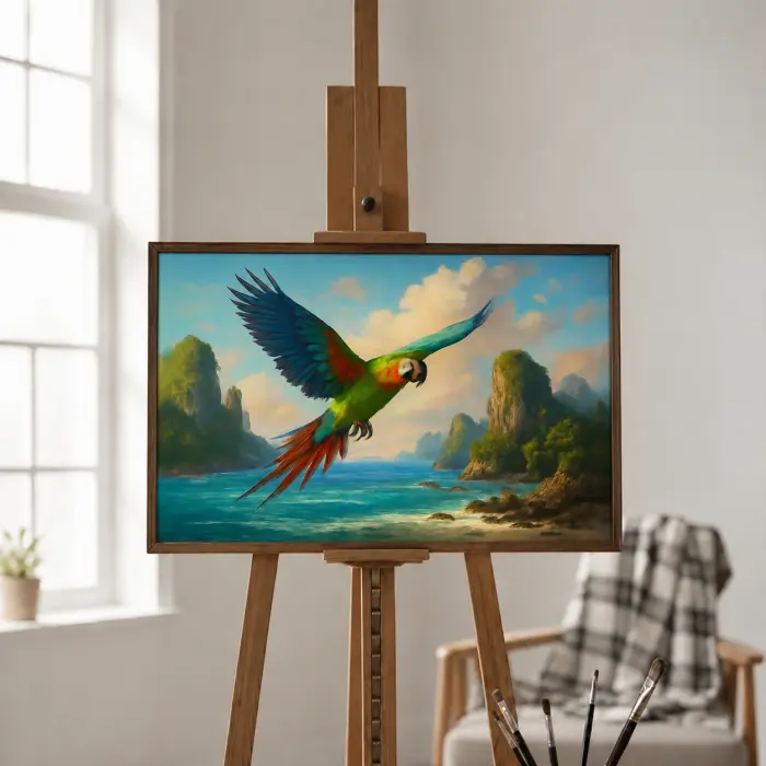 カリブ海の島々の上を飛ぶコンゴウインコの額装絵画が壁に掛かっているところ