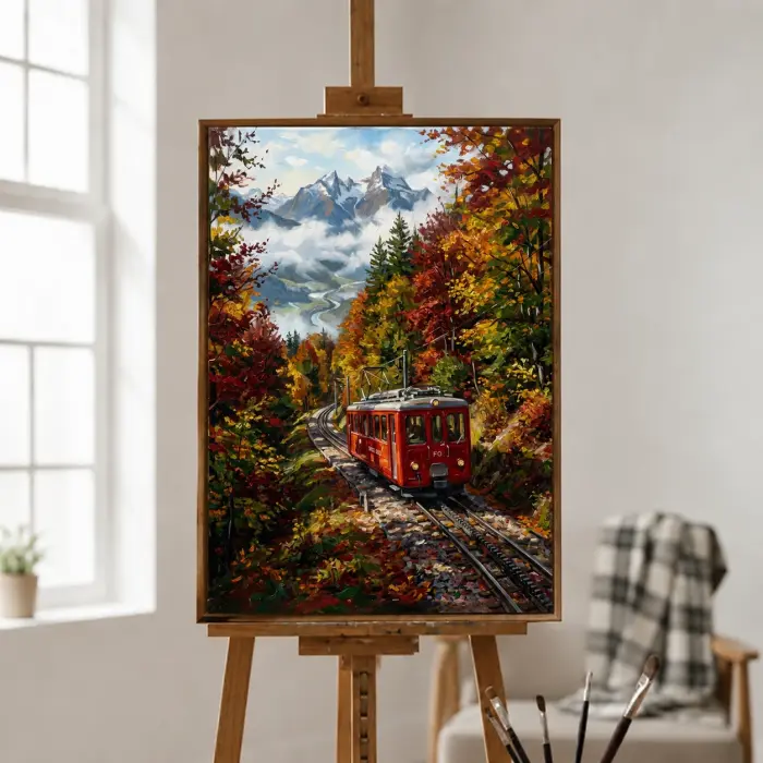 벽에 걸린 가을의 스위스 랙 철도 그림