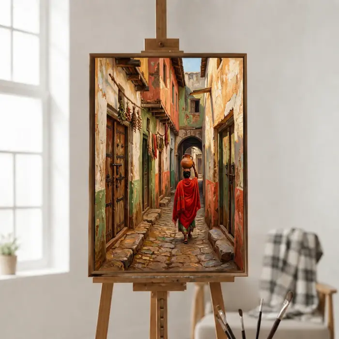 ハラール・ジュゴルの路地の絵画を壁に掛けた額装写真