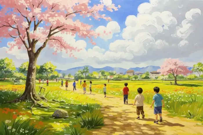 ソウルの桜の下での子供たちの喜び