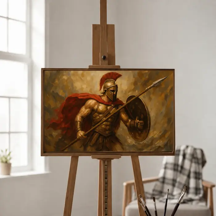 リビングの壁に飾られた、槍と盾を持つスパルタ戦士の額装絵画