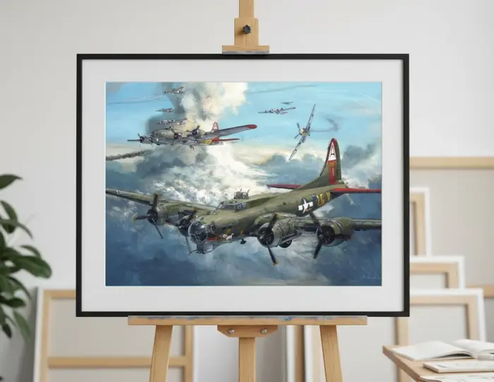 벽에 걸린 B-17 폭격기와 전투기 공중전 그림 액자