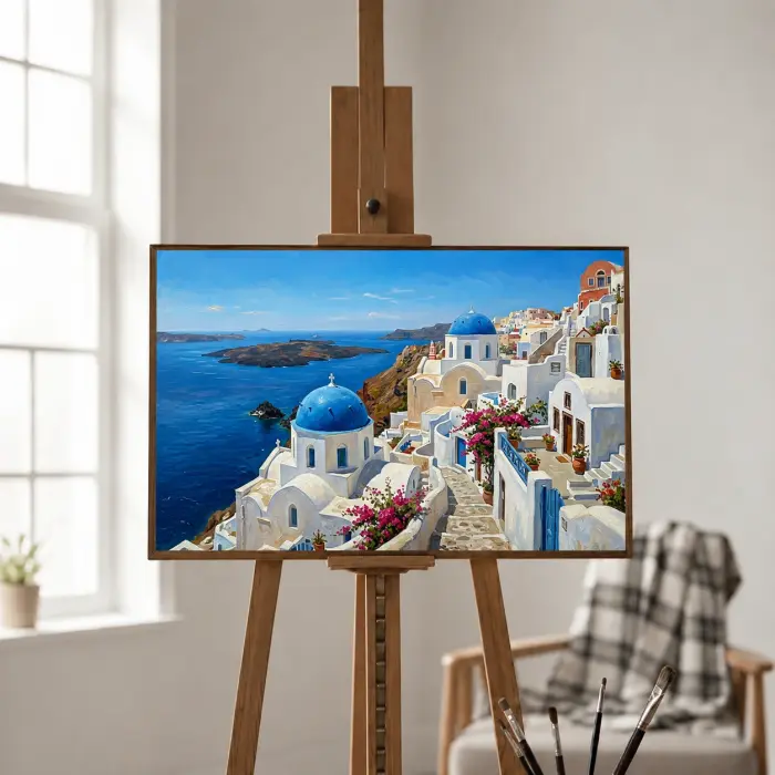 サントリーニ島の青いドームの建物を描いた絵画が壁に掛かっている様子
