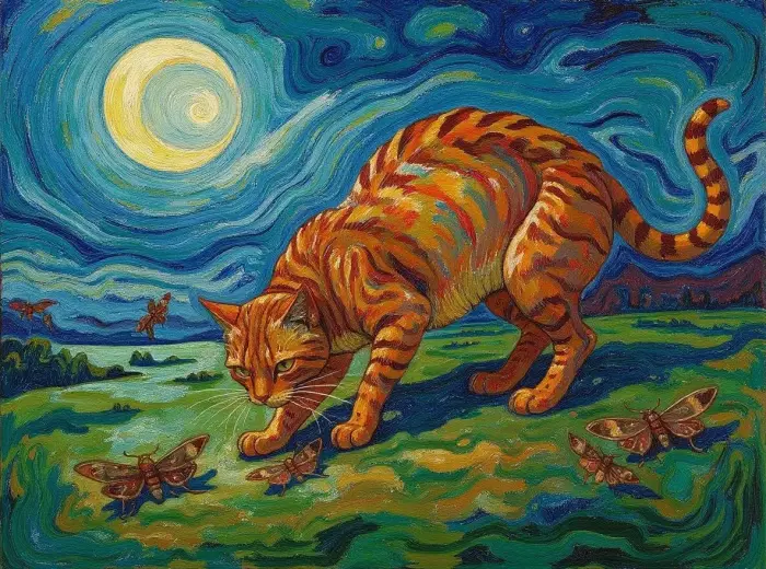 Кошка Лыкой выслеживает мотыльков под лунным светом Ван Гога