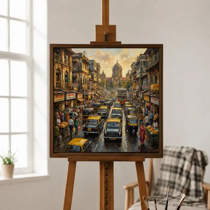 オフィスに掛けられた活気あるムンバイの通りの風景の絵