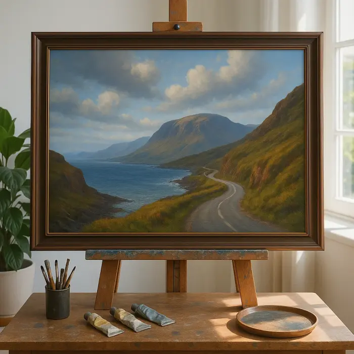 Framed oil painting of a coastal Highland road displayed above a sofa in a living room