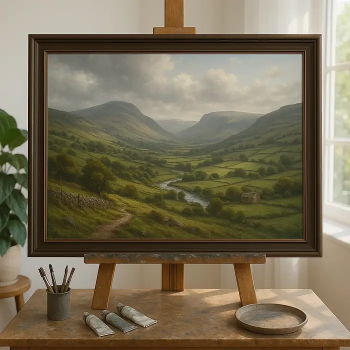 Framed oil painting of green rolling hills and a valley farmhouse hanging on a wall