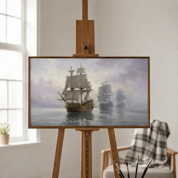 壁に掛けられた、霧の中のガレオン船団の額装絵画