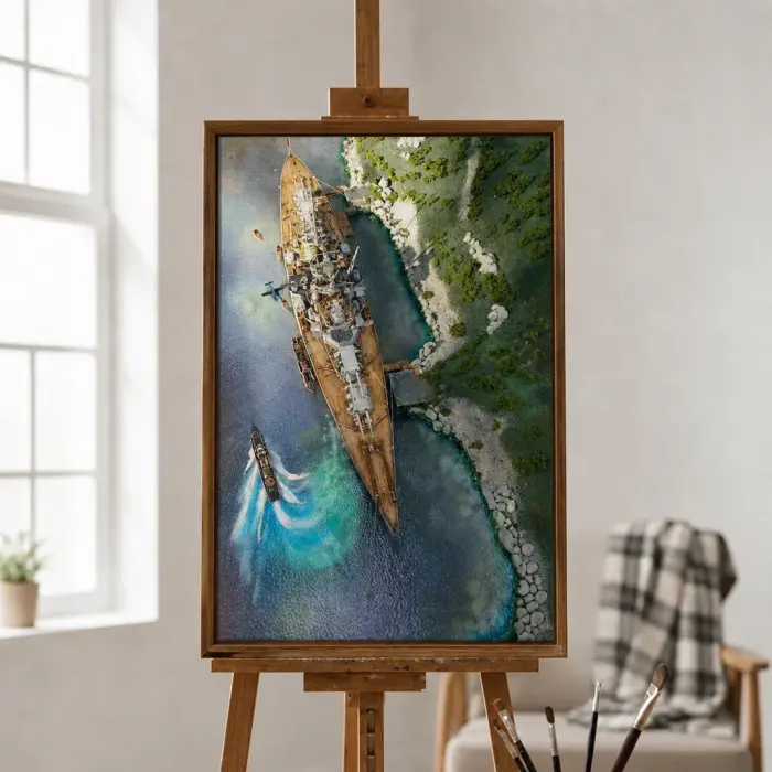 壁に掛けられた港の戦艦の空中絵画（額装）