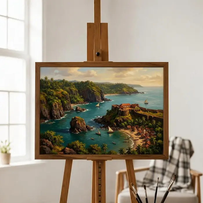 벽에 걸린 콘칸 해안 요새와 만 액자 그림