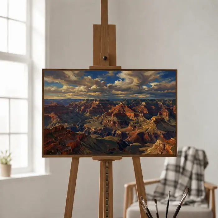 グランドキャニオンの赤い岩壁が重なる油絵がダイニングルームに掛かっている