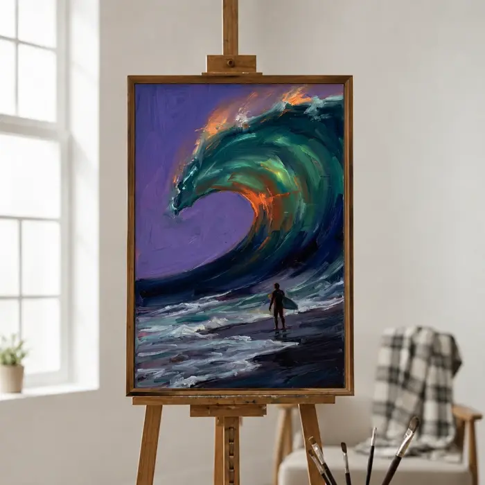 サーファーが巨大な波に立ち向かう絵が海岸風のリビングルームに掛かっている