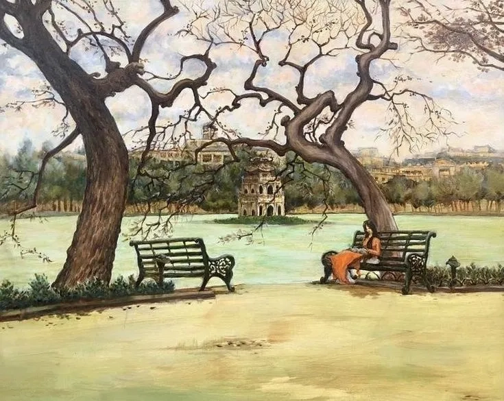 ホアンキエム湖での晩秋  (油絵) vietnam-hoan-kiem-lake-scene.webp