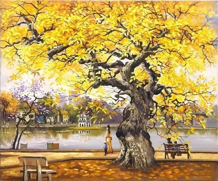 ホアンキエム湖での晩秋  (油絵) golden-autumn-at-hoan-kiem-