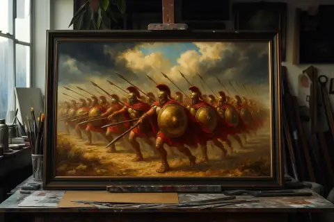 盾と槍を持って密集隊形で進軍するスパルタ戦士の油彩画