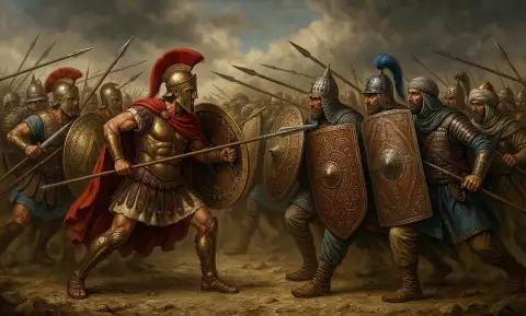 ギリシャの重装歩兵とペルシャ兵が激突する戦闘の油絵