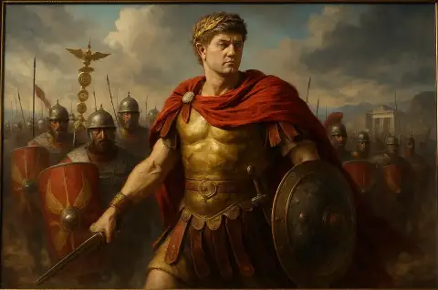 Oil painting of a Roman general in gilded armor leading legionaries into battle