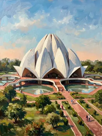لوحة زيتية لمعبد اللوتس الأبيض في دلهي بجانب أحواض المياه الهادئة
