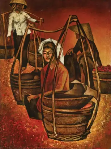 Рабочие, несущие корзины в ярких цветах