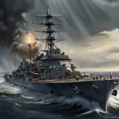 Серый военный корабль рассекает штормовое море