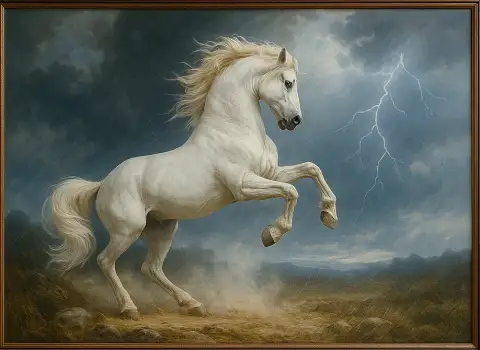 Картина маслом с изображением белого жеребца, вставшего на дыбы на фоне грозового неба с молнией