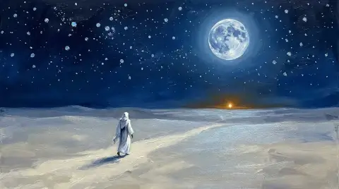 星降る空の下、月明かりの砂漠を白いローブの巡礼者が歩く油彩画