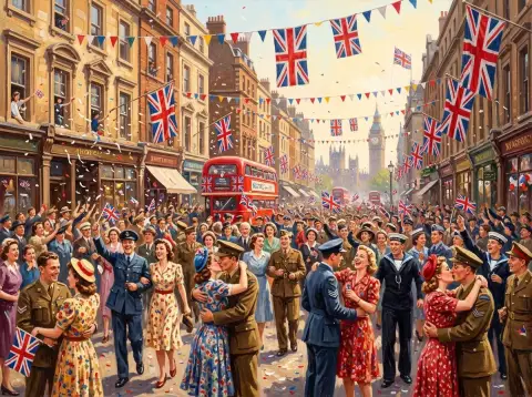 ロンドンの街で旗や飾り付けの下、戦勝記念日を祝う群衆の油絵