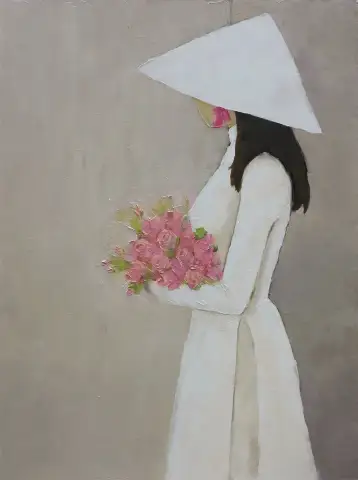 Painting of a Vietnamese woman in profile wearing a white ao dai and conical hat, holding pink roses.