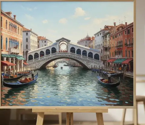 ヴェネツィアの運河に架かるリアルト橋の油絵