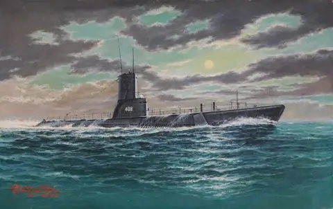 第二次世界大戦の潜水艦が月明かりの下の穏やかな海を進む油絵
