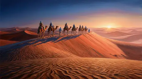 لوحة زيتية لقافلة جمال تعبر كثبان الصحراء الكبرى عند شروق الشمس