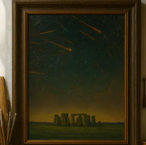 流れ星が走る夜空にシルエットとして浮かぶストーンヘンジを描いた油絵