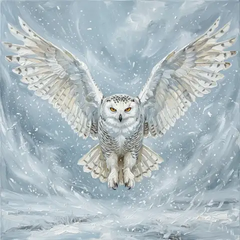 吹雪の中を翼を広げて飛ぶシロフクロウの油絵