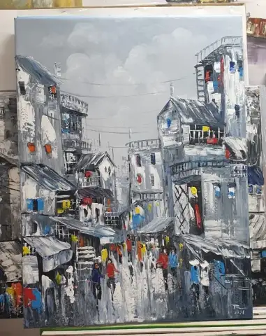 회색 상점가를 배경으로 다채로운 군중이 움직이는 사이공의 번화한 거리를 그린 유화