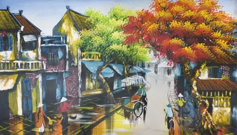 Oljemålning av färgglada hus i Saigon och ett höstträd speglat i kanalvatten