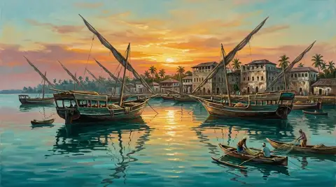 夜明けのスワヒリ海岸の港に停泊する木造ダウ船の油絵