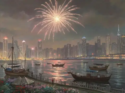 香港のビクトリアハーバー上の祝賀花火