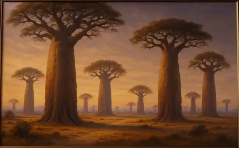 Öljyvärimaalaus baobabpuista siluetteina lämpimää oranssia ja violettia auringonlaskutaivasta vasten