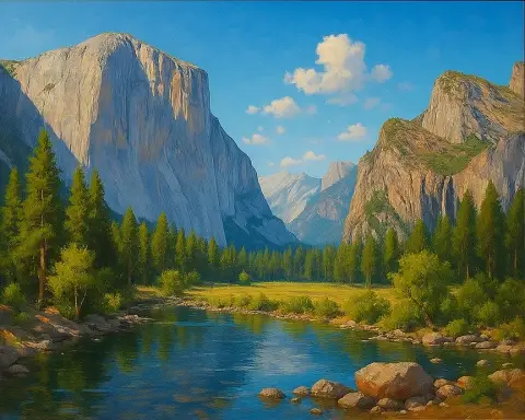 Oil painting of Yosemite Valley with El Capitan rising above a sunlit river and pine forest