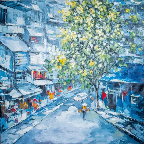 金色の花の木の下のサイゴンの通りを描いた青い印象派の油彩画